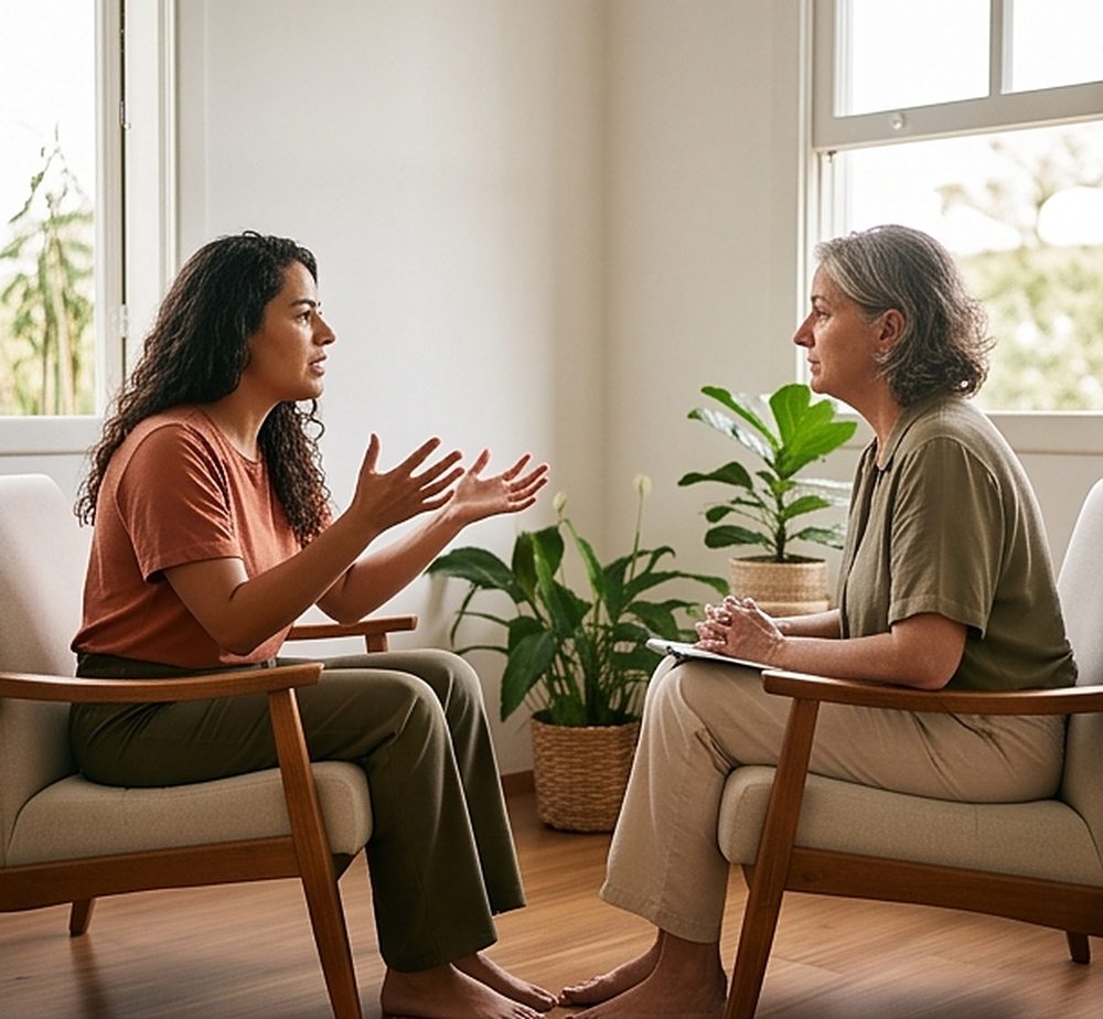 Terapeuta e cliente conversando frente a frente em uma sala clara com plantas