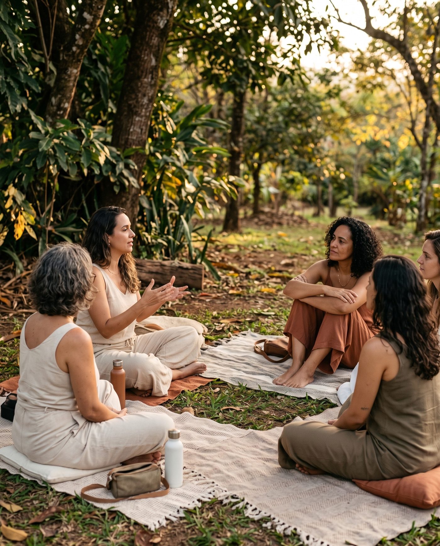 Roda de mulheres sentadas sobre mantas, ao ar livre entre árvores, em conversa